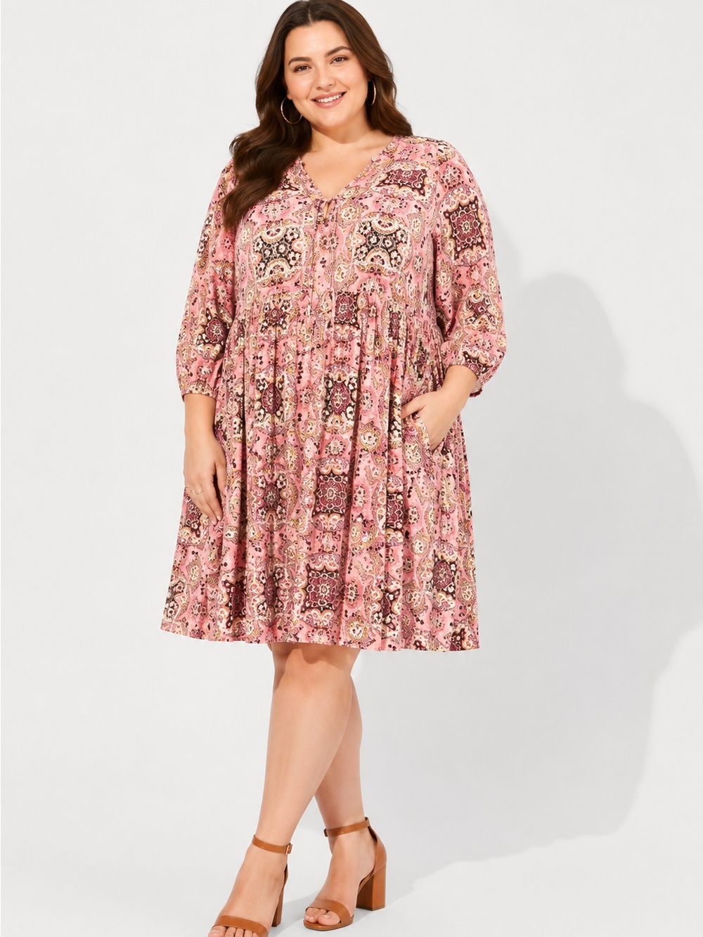 Torrid Medallion Pink Babydoll Dress Pockets Tie Neck Rayon Blend Size 1